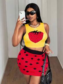 Maweii Bộ đồ dệt kim hai mảnh dáng ôm dáng cỡ lớn cho nữ, áo vest ngắn màu dâu tây + chân váy mini, màu trơn, xanh lá cây, bộ đồ len bó gợi cảm, trang phục dự tiệc mùa hè cho nữ - Nhiều màu - Xem 7