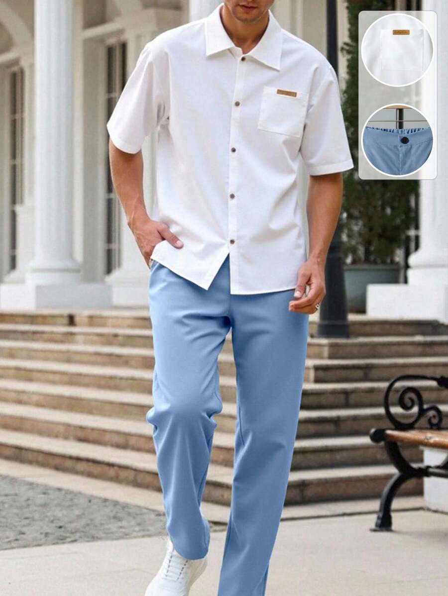 SHEIN 2 件套青少年男孩绅士装 - 白色修身短袖衬衫 + 卡其色长裤，绅士西装套装，商务优雅，学校，生日派对，日常休闲，婚礼，婚礼嘉宾，花童，戒指男孩 - 霧霾藍 - 查看 1