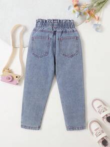 SHEIN 女孩休闲舒适柔软水洗彩色刺绣花卉腰哈伦裤，时尚假日/街头风，轻盈夏季 - 中等水洗藍 - 查看 2