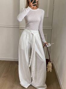 Livesso Women's Pleated Loose Tie-Front Wide Leg Pants, Casual City Style