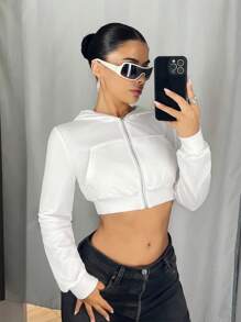Sweetina Women Sexy Crop Hooded Zip-Up Sweatshirt, Spring/Autumn Casual Long Sleeve Hooded Sweatshirt With Pockets