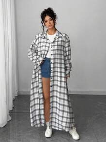 Elenzga 大码女式休闲长款单扣宽松格子夹克 - 彩色 - 查看 3
