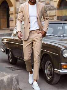 Manfinity Mode 男士浅杏色春夏休闲翻领西装外套和裤子套装 - 杏色 - 查看 1