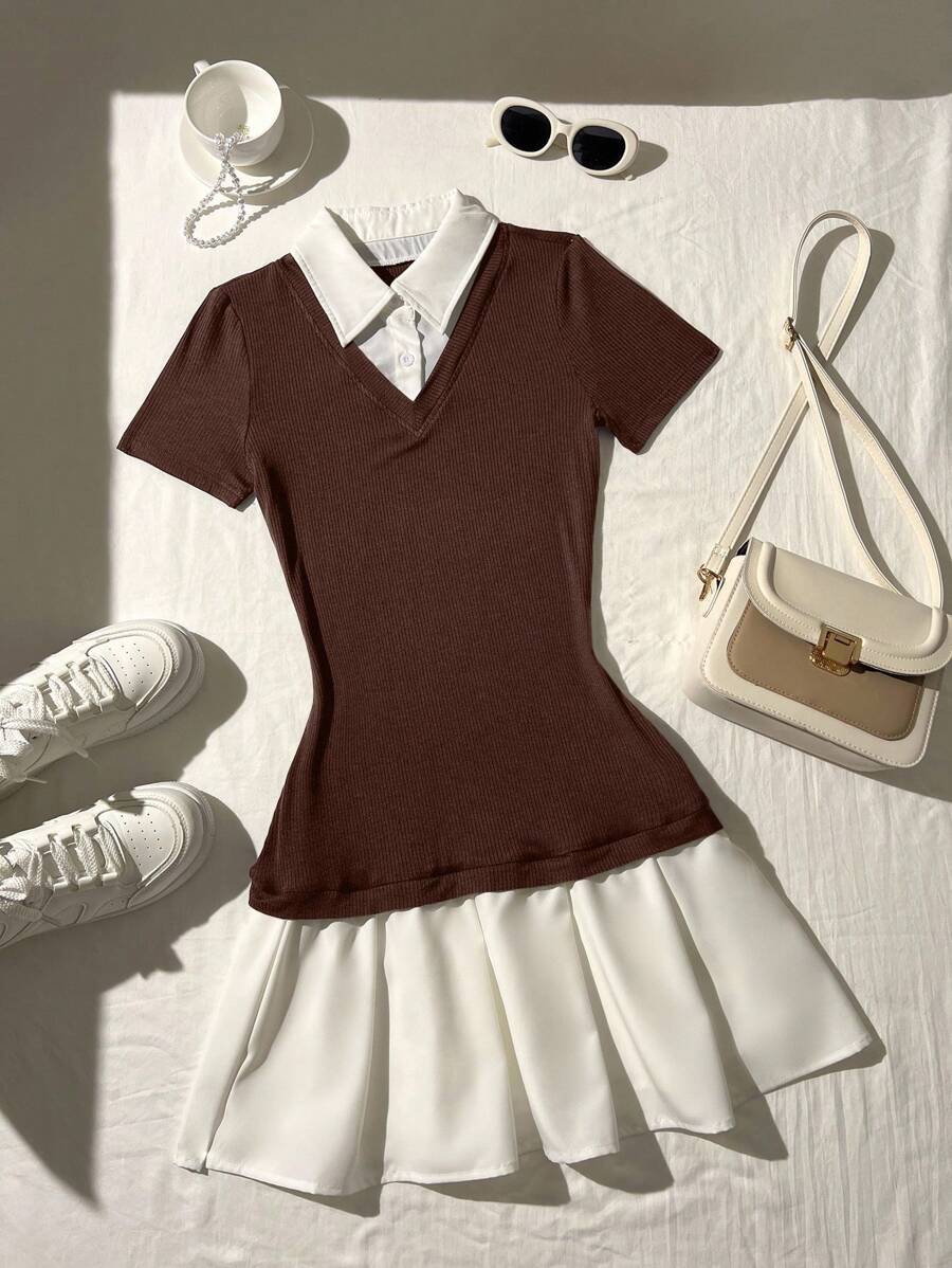 Elamini 女士撞色短袖衬衫领休闲短裙，夏季