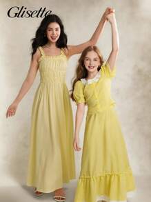 Tween Girls T-Shirt Set, Casual Elegant & Vacation, Yellow Puff Sleeve Boat Neck Cropped Shirt And Long Skirt Yellow Gingham Dress Girl Lemon Dress Girl Teen Girl Dresses Yellow Babydoll Dress Girl Girls Yellow Summer Dress - Yellow - View 4