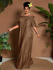 Maweii 大码夏季休闲宽松荷叶边露肩连体裤 - 棕色 - 查看 2