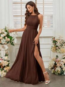 SHEIN Belle 露背高开衩腰伴娘礼服（成人款） - 棕色 - 查看 5