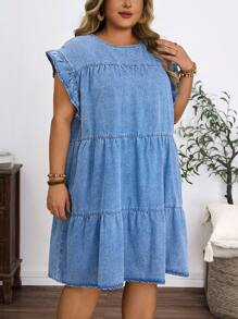 EMERY ROSE Plus Size Round Neck Short Cap Sleeve Simple Casual Mini Denim Dress - Light Wash - View 1