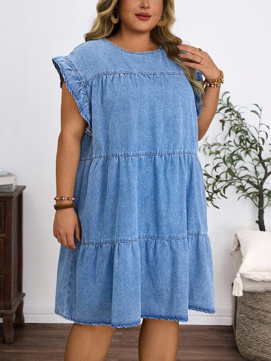 EMERY ROSE Plus Size Round Neck Short Cap Sleeve Simple Casual Mini Denim Dress - Light Wash - View 1