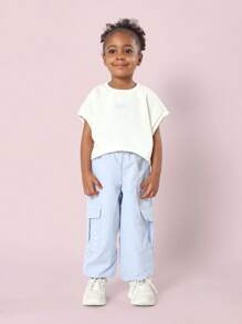 Bộ quần áo thun croptop trẻ em kèm quần túi hộp ống rộng thoải mái cho lễ hội mùa xuân dạo phố thường ngày - Màu xanh lam - Xem 7