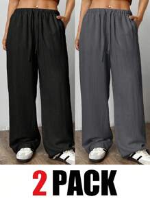 SHEIN EZwear 2 件大码女式休闲纯色抽绳腰斜口袋宽腿宽松裤 - 深灰色 - 查看 1