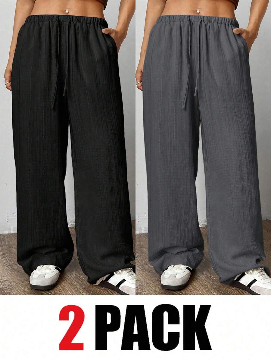 SHEIN EZwear 2 件大码女式休闲纯色抽绳腰斜口袋宽腿宽松裤 - 深灰色 - 查看 1