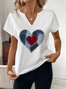 SHEIN Clasi Áo sơ mi nữ tay ngắn họa tiết trái tim giả denim, phù hợp cho mùa hè - Nhiều màu - Xem 5