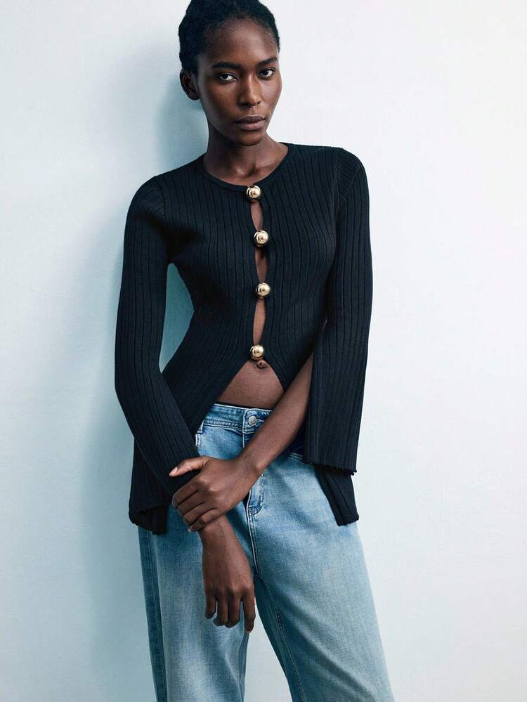 SHEIN Maija 女性ファッションカジュアルメタルバックルアーバンミニマリストアンチピリングニットセーター リブシャツ ニットトップ レディースニットトップス カーディガン クロップド リブニットトップ リブカーディガン クロップドカーディガン ボタンカーディガン 外出用トップス 秋 女性 セクシー コンサート デートナイト 秋 冬 外出用トップス ハロウィン