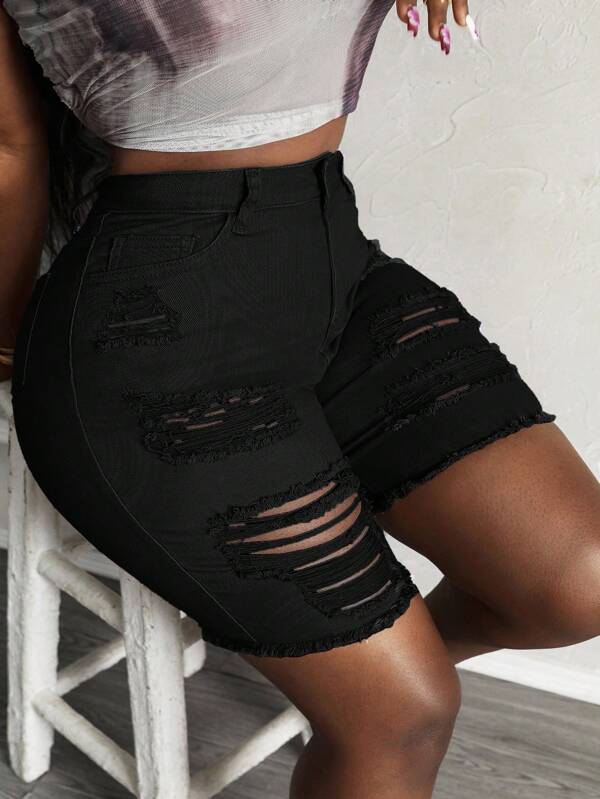 Slaydiva Plus Size Casual Fashion Solid Color Distressed Button Denim Shorts