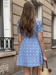 Pariaura 女士优雅时尚休闲收腰短袖连衣裙 - 藍色 - 查看 6