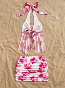 SHEIN x Eduarda Gutierrez Soleia 女士度假花卉印花针织网眼吊带蝴蝶结露背系带前开襟 3D 花朵装饰吊带背心和褶饰迷你裙套装，适合海滩、度假、波西米亚风格 - 粉色 - 查看 2