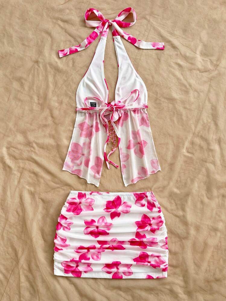 SHEIN WYWH Ladies' Vacation Floral Print Knit Mesh Halter Tie Bow Backless Lace-Up Front 3D Flower Decor Camisole And Ruched Mini Skirt Set, Suitable For Beach, Vacation, Boho Style Two Piece Beach Set Beach Skirt Set Floral Two Piece Set Beach Set For Women Summer Two Piece Set - Pink - View 2