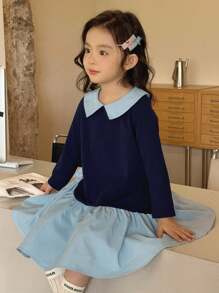 SHEIN Little Byeori 年轻女孩休闲优雅都市通勤学校宽松撞色蝴蝶结长袖衬衫裙两件套适合秋季、冬季、学校、毕业典礼、日常穿着、运动、度假、旅行