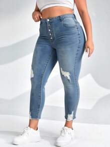 SHEIN CURVE+ Frauen Große Größen Cowgirl Stil Herbst elastische hellblaue abgenutzte ausgefranste Saum Skinny Jeans