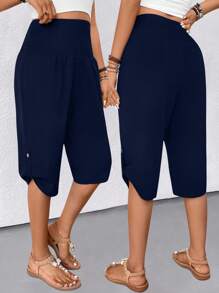 SHEIN LUNE 女式纯色腰系休闲宽松七分裤 - 藏蓝色 - 查看 3