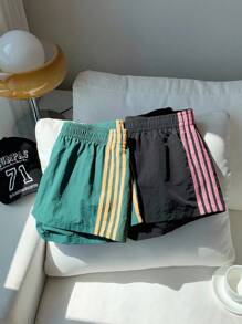 Comfortcana 2pcs Women Elastic Waist Striped Loose Casual Sports Shorts, Versatile For Daily Street Wear, Fall,Fall Clothes For Women