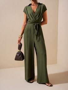 Zivah New Summer Casual Simple Basic Style Daily Dating Commuting Elegant Lapel Sleeveless Wide Shoulder Cross Strap Waist Wide Leg Straight Pants Green Women's Jumpsuit-A Green Jumpsuit Women Summer Jumpsuits For Women Casual Jumpsuits For Women Green Women Jumpsuit - Army Green - View 7