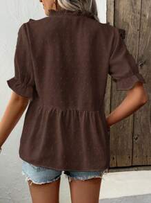 SHEIN Tall Blusa de mujer con escote en V profundo, mangas abullonadas y detalle de abertura - Marrón - Ver 2
