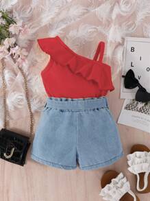 SHEIN 女婴休闲不对称荷叶边下摆背心和牛仔短裤两件套，夏季 - 紅色 - 查看 2