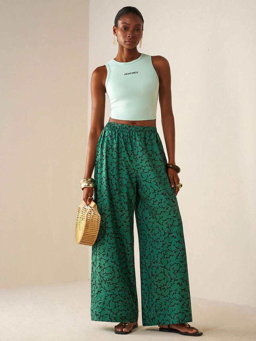 Zivah 2025 春夏新款音乐节、圣帕特里克节、波西米亚风、学生装、日常休闲、基础百搭、休闲、邮轮旅行、海滩、日光浴、街头服饰、病毒式、女士两件套：无袖上衣和阔腿印花裤 - 綠色 - 查看 1