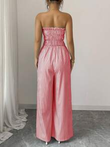 Elenzga Jumpsuit Bandeau Bergaris Kasual Wanita untuk Musim Panas - Merah - View 2