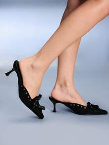 CUCCOO GRLICON Women's Pointed Toe Low Vamp Sexy Bow Knot Metal Rivet Chunky Heel Sandals - Black - View 4