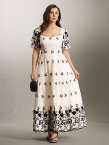 SHEIN LUNE Plus Size Women Floral Print Square Neck Maxi Elegant Dress, Spring/Summer - Apricot - View 4