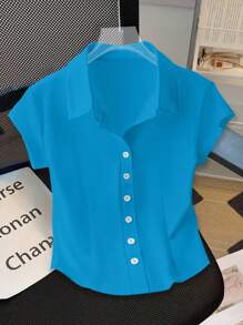 SHEIN Clasi Casual Solid Color Button Front T-Shirt, Versatile For Summer - Teal Blue - View 3