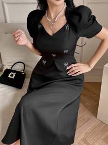 Modelyn 女士优雅水钻蝴蝶结装饰短裙 - 黑色 - 查看 4