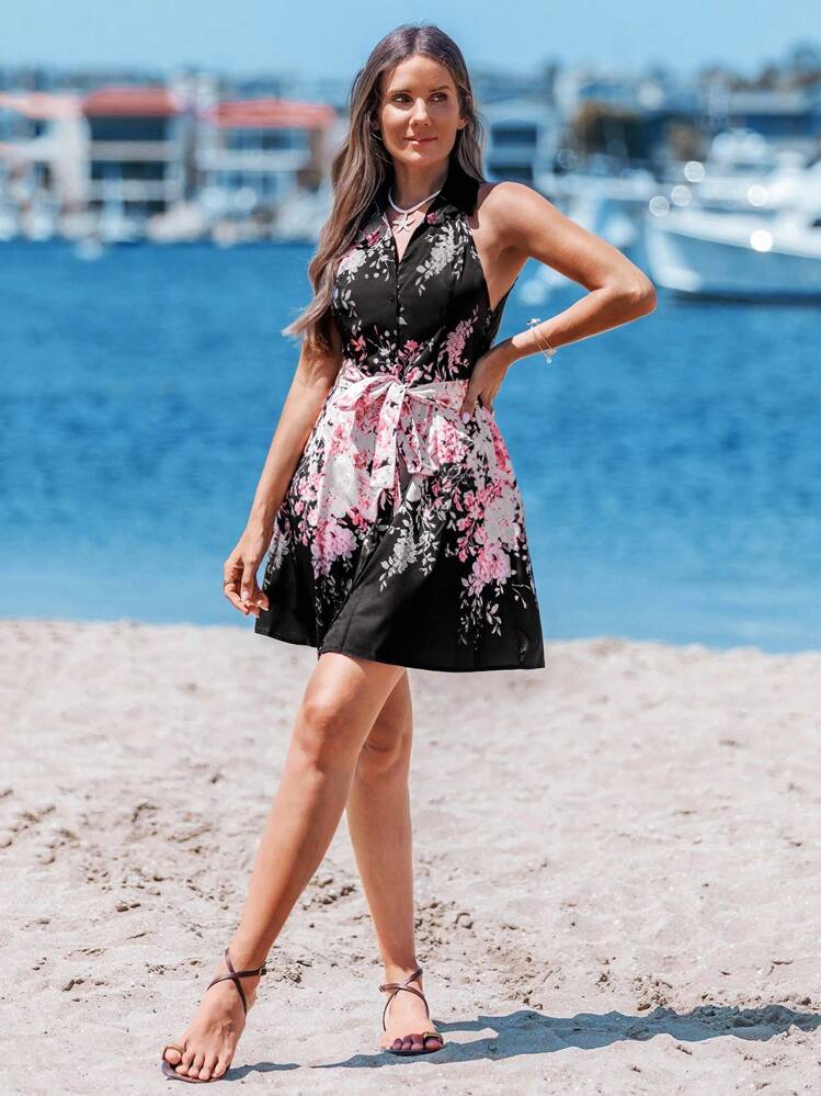 Sylviya Vestido corto elegante de mujer con estampado floral y abertura delantera, estilo vacacional - Multicolor - Añade 3