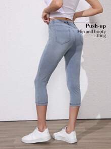 SHEIN Essnce Relaxed Fit Cropped Washed Denim Jeans - Blue - View 2