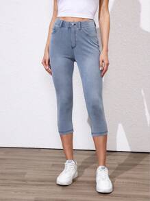 SHEIN Essnce Relaxed Fit Cropped Washed Denim Jeans - Blue - View 5