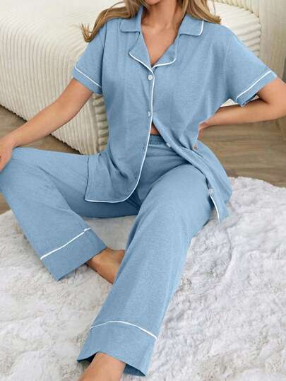 EURMUSE Women Binding Detail Short Sleeved & Long Bottom Homewear Pajama Set