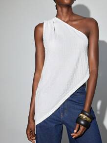 Maija Women's Summer Casual Versatile Solid Asymmetric Tank Top One Shoulder Top One Sleeve Top Asymmetrical Top One Shoulder Top Asymmetrical Top - White - View 1