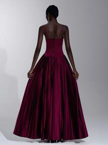 Elitara 优雅酒红色缎面吊带紧身胸衣褶皱 A 字长裙，适合约会、度假、生日、派对、婚礼、学校场合、正式晚宴礼服 - 酒紅色 - 查看 3