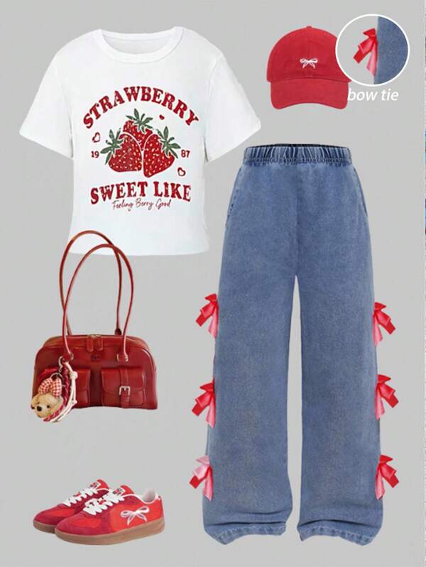 SHEIN 2-Piece Toddler Girls Summer Outfit Set - Strawberry & English Letter Print Short Sleeve T-Shirt With Bow Decor Denim Pants, Casual & Cute Summer Wear