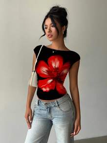 Aloruh Blusa corta con estampado floral y escote trasero para mujer