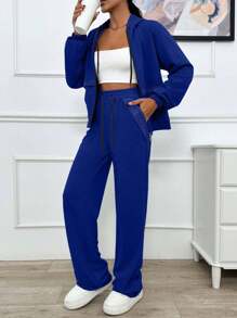 EURMUSE 两件套 两线浅灰色连帽卫衣和运动裤，饰有闪亮宝石 - 藍色 - 查看 3