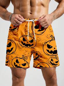 Manfinity KASUA Men's Casual Halloween Pumpkin Print Beach Shorts,Orange Summer Jack O Lantern Swim Trunks,Novelty Vacation Swimwear - Orange - View 3