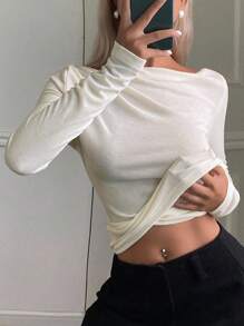 DAZY maglietta a maniche lunghe da donna con spalle scoperte, elegante, casual urbana, vestibilità slim