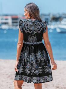 Sylviya 立领V领荷叶边短袖A字摆复古印花休闲度假优雅连衣裙夏季女装度假装西式女装锐舞装乡村音乐会装锐舞装音乐节音乐会装锐舞装 - 彩色 - 查看 2