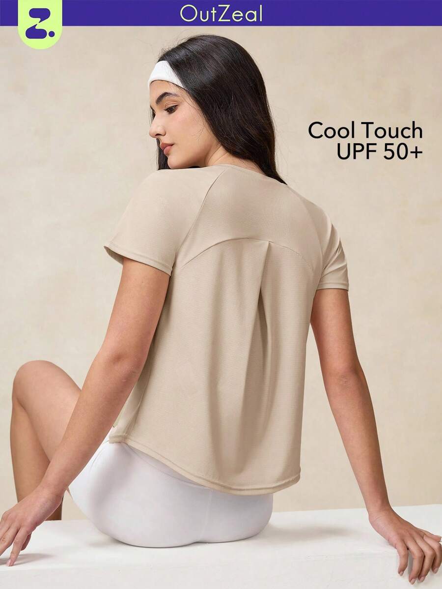 OutZeal 女士户外运动T恤，防紫外线，凉爽触感，交叉褶皱设计 - 卡其色 - 查看 1