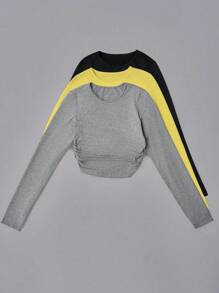 SHEIN LUNE 3件套纯色修身腰褶圆领休闲/工作时尚经典度假T恤