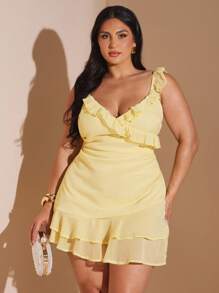 SHEIN BAE 大码女式浪漫性感 V 领荷叶边下摆迷你连衣裙、甜美休闲日常穿着、海滩度假派对短裙、春夏、毕业礼服、女士海滩装、美国独立日装、美国独立日装、海岛度假装、女士蜜月装、女士夏季装、泳池派对装、女士度假装、大码女装、音乐会装、优雅连衣裙、女士生日礼服、女士太阳裙、黄色